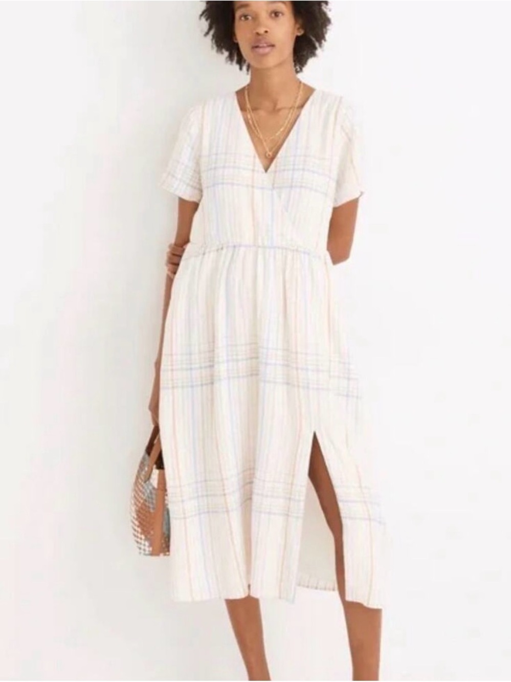 Madewell Cream Plaid V-Neck Midi Dress with Side Slit